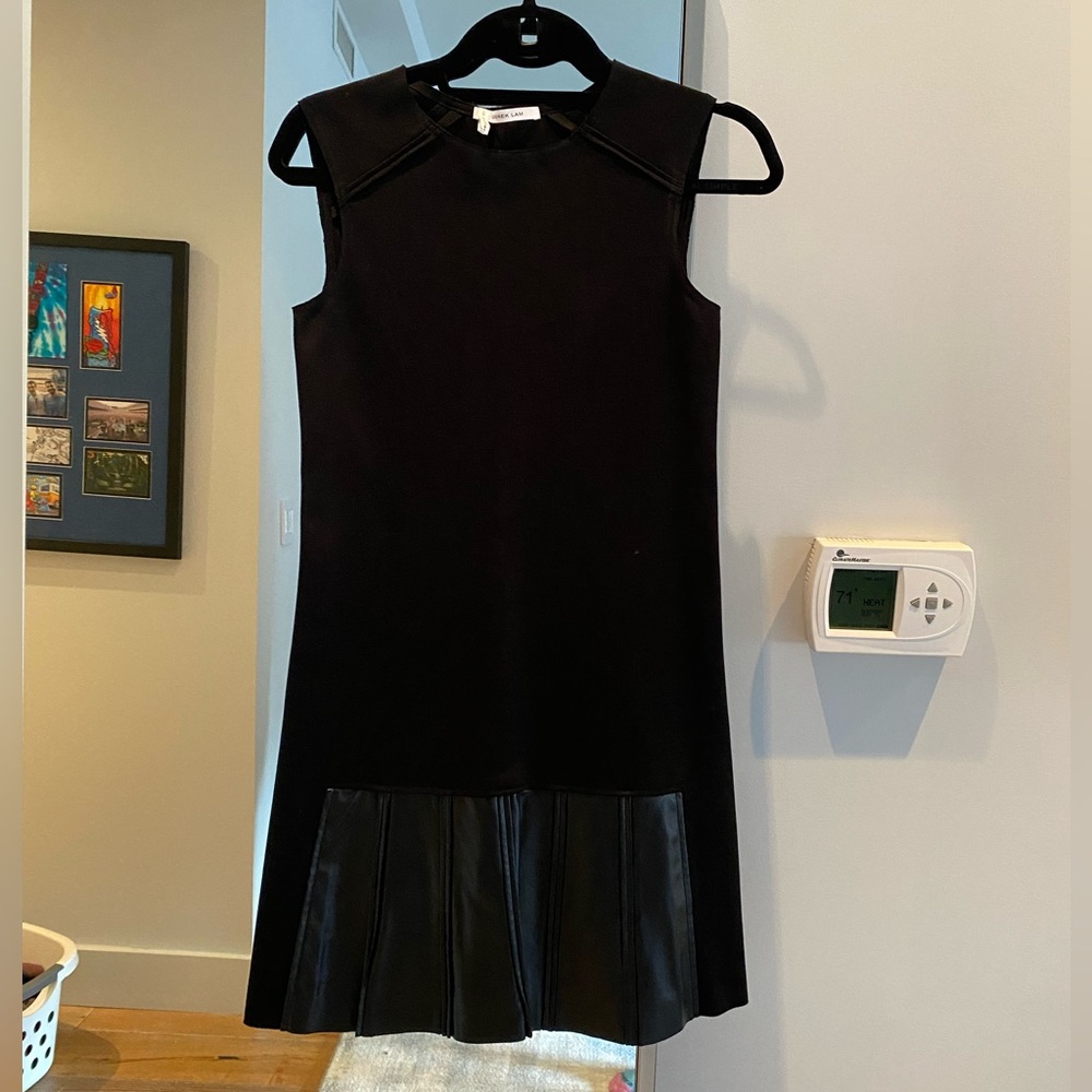 DEREK LAM BLACK DRESS WITH LEATHER TRIM AT BOTTOM